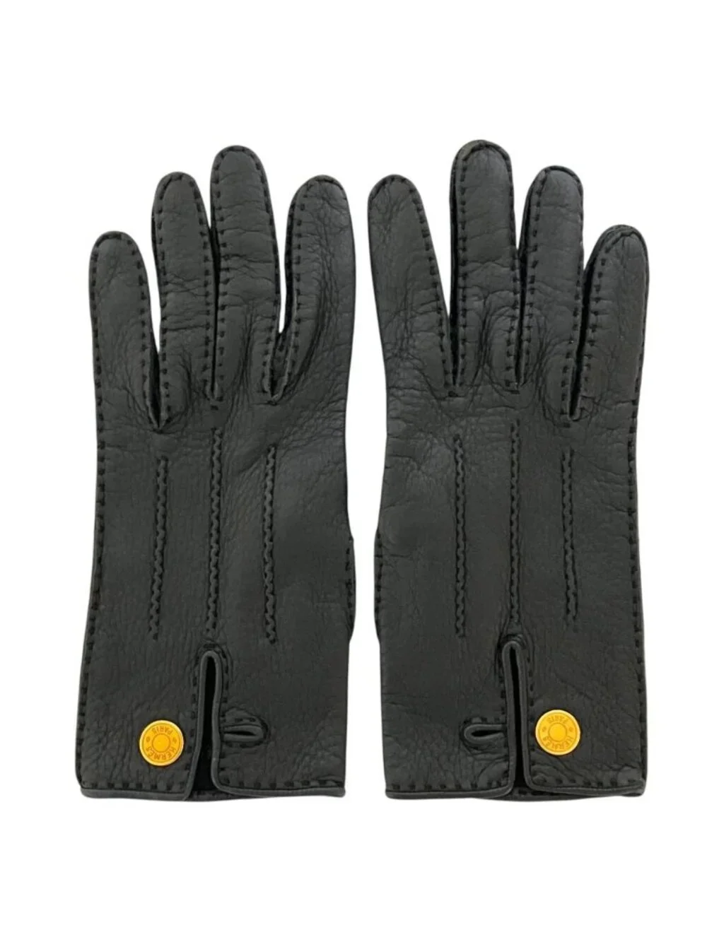 Hermes Sellier Buttons Deerskin Leather Gloves Black